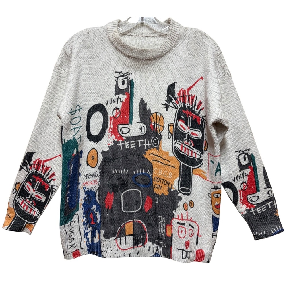 Basquiat Inspired Graphic Knit Sweater Crewneck Art Print Cream Multi Mens